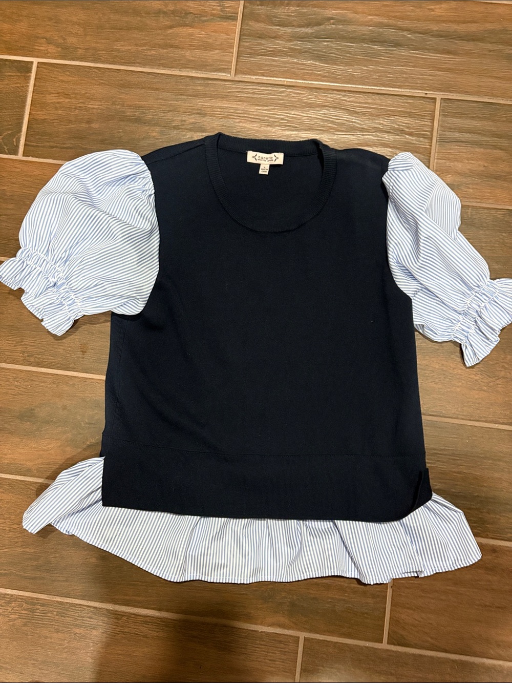 Nannette Navy Top with Light Blue Striped Puff Sleeves